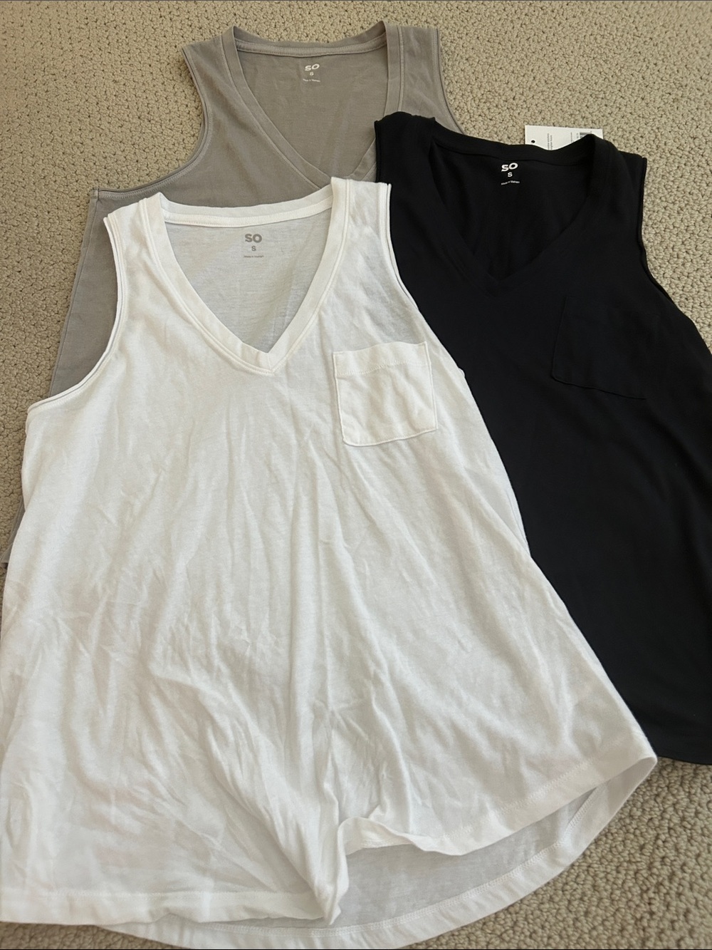 SO V-Neck Pocket Tank Trio in White, Black & Taupe